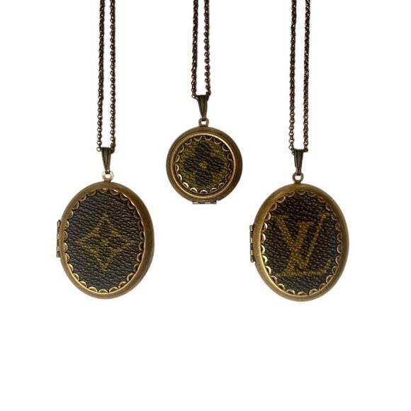 Upcycled Reworked L V Monogram Canvas Locket Necklace Handmade Flower Motif - Picture 15 of 15